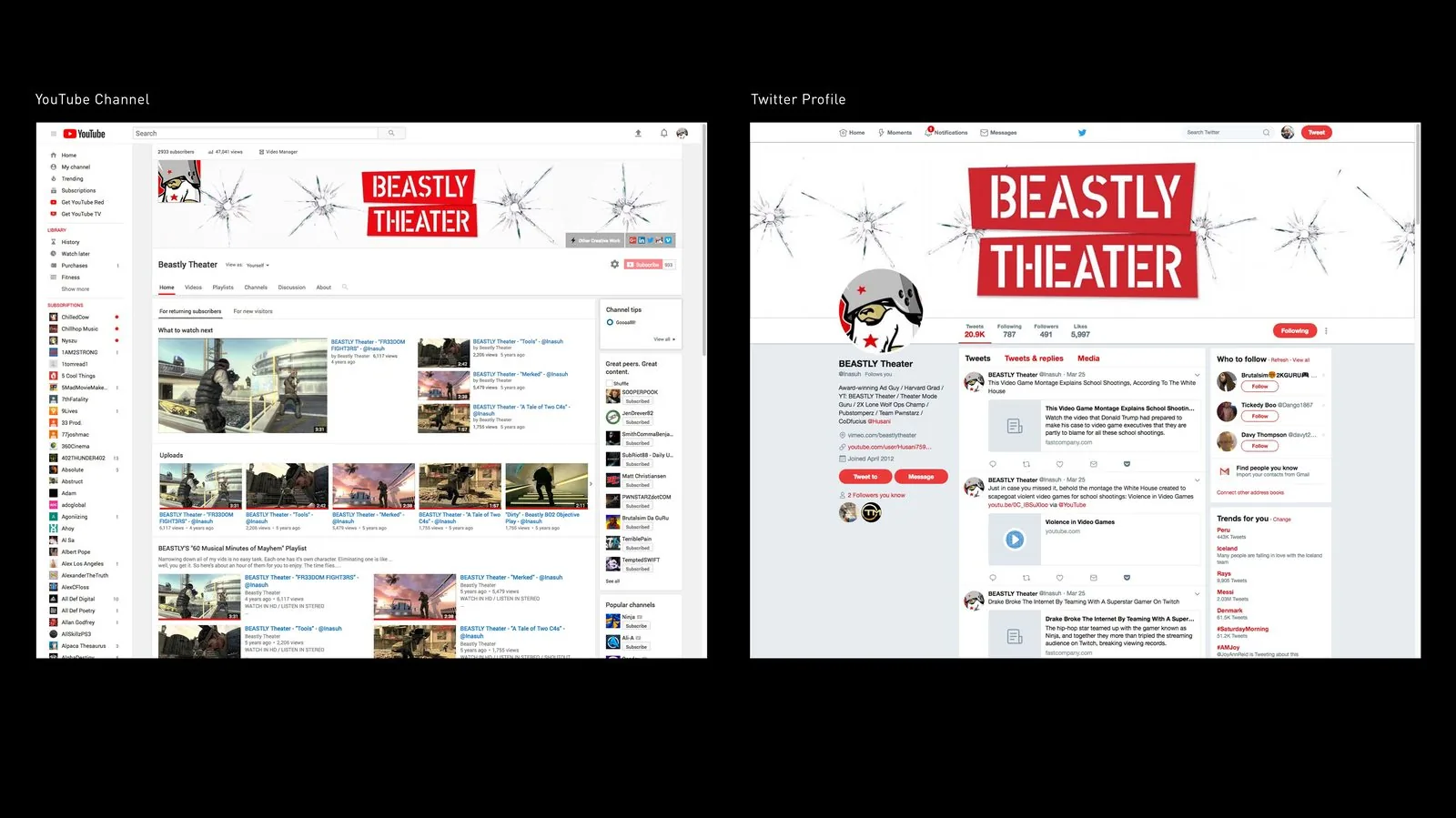 Side-by-side screenshots of the BEASTLY Theater YouTube channel, with uploads including FR33DOM FIGHT3RS, Tools and Merked, and the BEASTLY Theater Twitter profile, both carrying the bullet-cracked banner