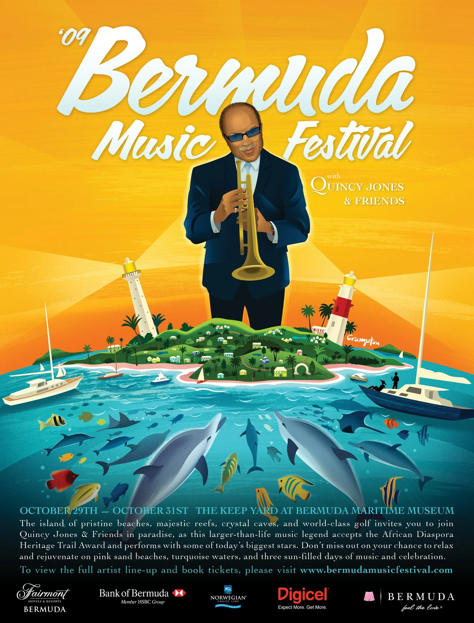 2009 Bermuda Music Festival poster: illustrated Quincy Jones holding a trumpet over the island, with lighthouses, sailboats and dolphins, billed with Quincy Jones and Friends