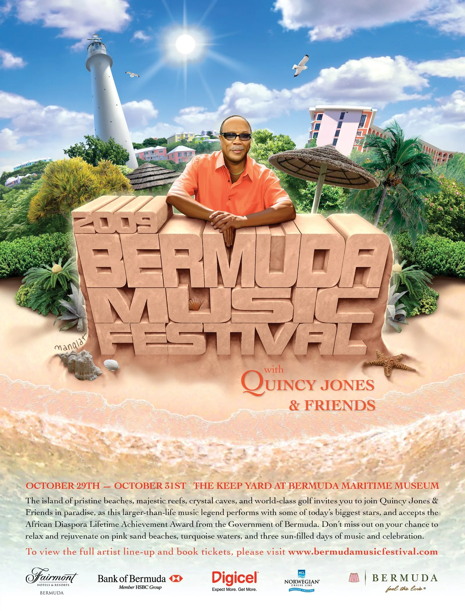2009 Bermuda Music Festival poster: Quincy Jones leaning on festival lettering sculpted from pink sand, lighthouse and palms behind