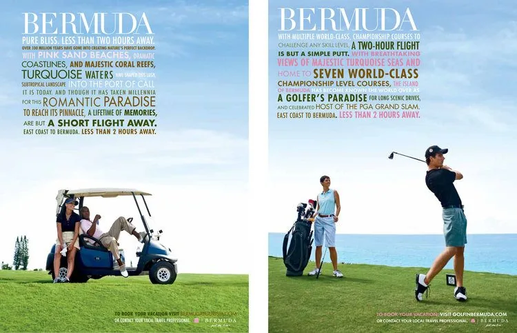Bermuda luxury print spread: a couple in a golf cart and a golfer mid-swing beside the ocean, under typographic headlines about a romantic paradise and a golfer's paradise