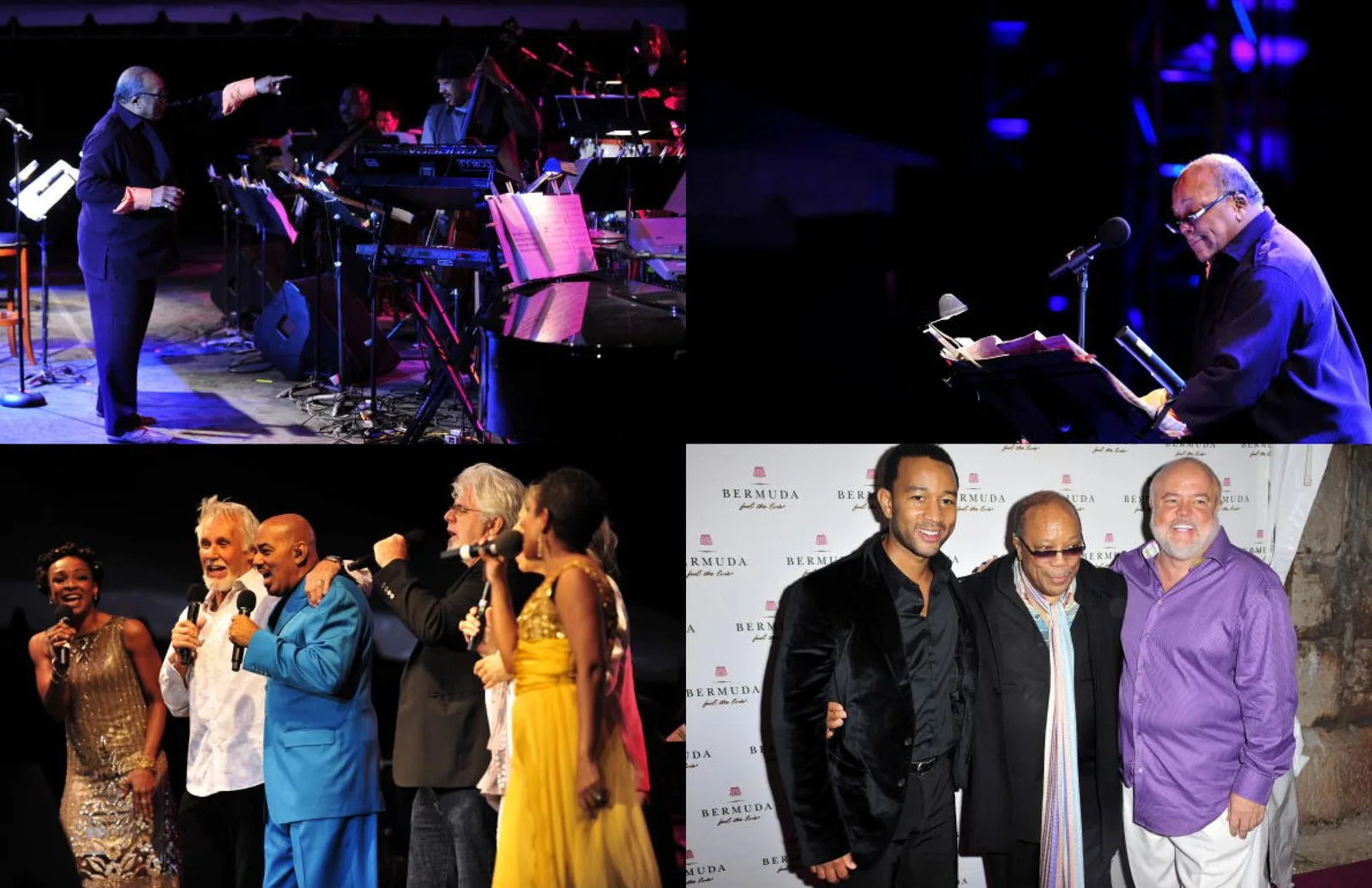 Bermuda Music Festival photos: Quincy Jones conducting the band and playing piano, singers sharing the stage, and artists at the Bermuda red carpet