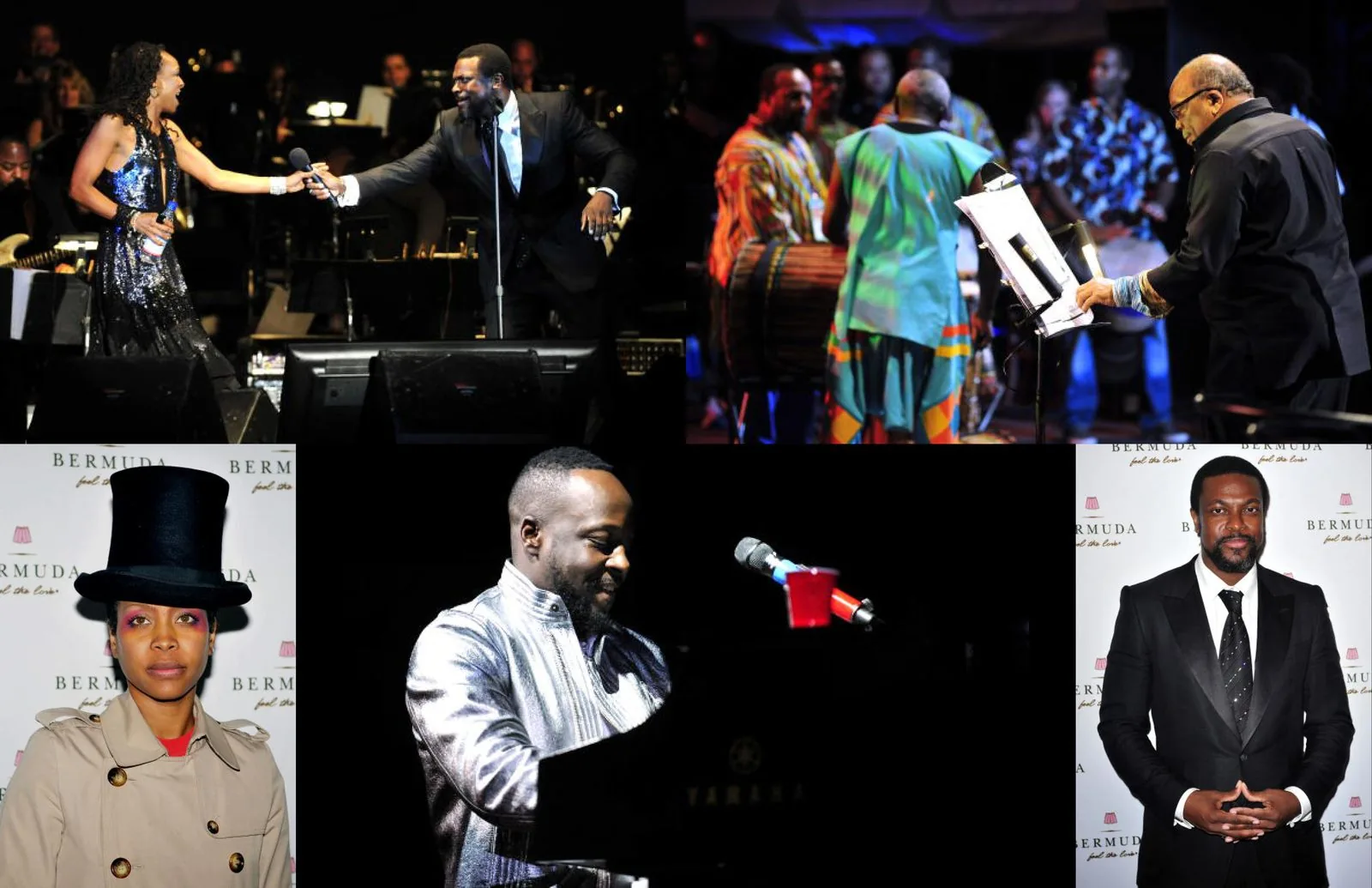 Bermuda Music Festival photos: an onstage duet, drummers performing with Quincy Jones, and guests posing at the Bermuda step-and-repeat