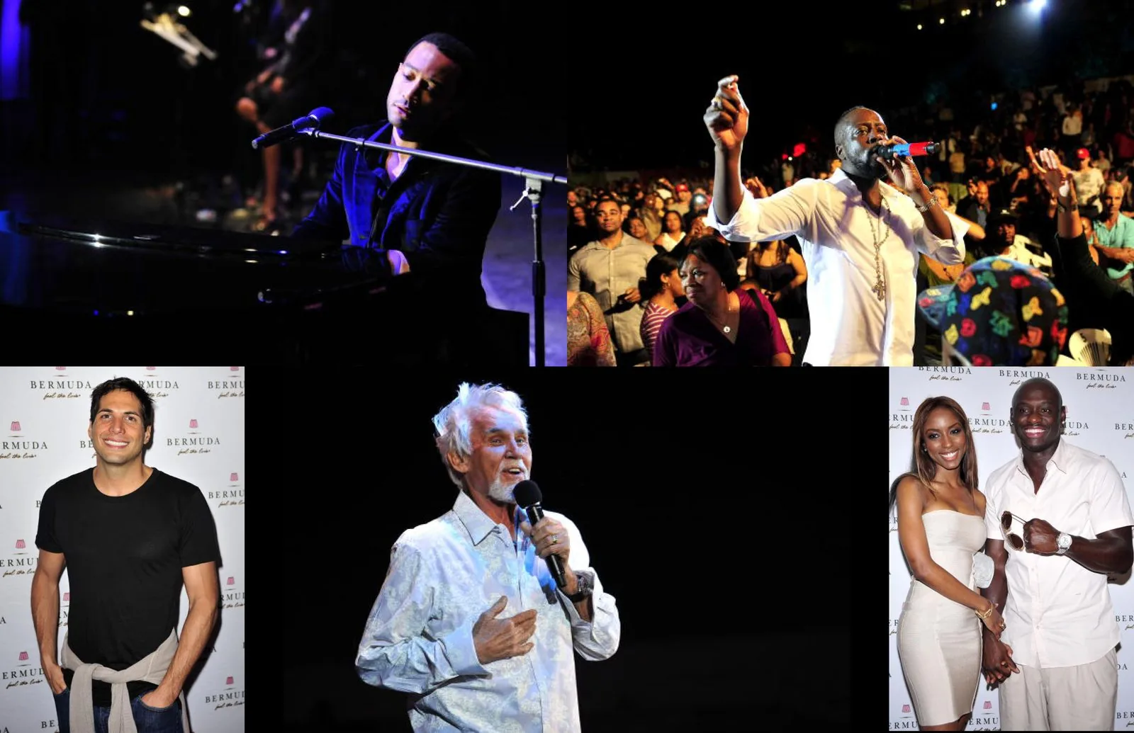 Bermuda Music Festival photos: a singer at the piano, a performer in the crowd with microphone raised, and red-carpet portraits