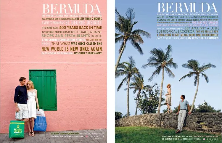 Bermuda luxury print spread: a couple by a pink wall with green shutters in the St. George district, and a couple beneath tall palms on a stone wall