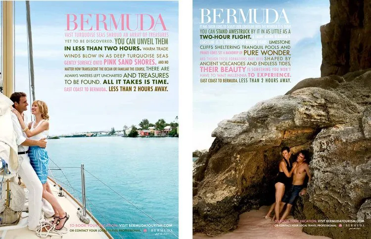 Bermuda luxury print spread: a couple sailing turquoise waters and a couple exploring limestone cliffs and rock coves