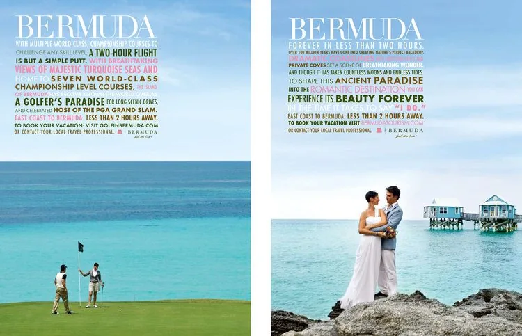 Bermuda luxury print spread: golfers on an oceanside green and a wedding couple on the rocks near stilted cottages, headline Forever in less than two hours