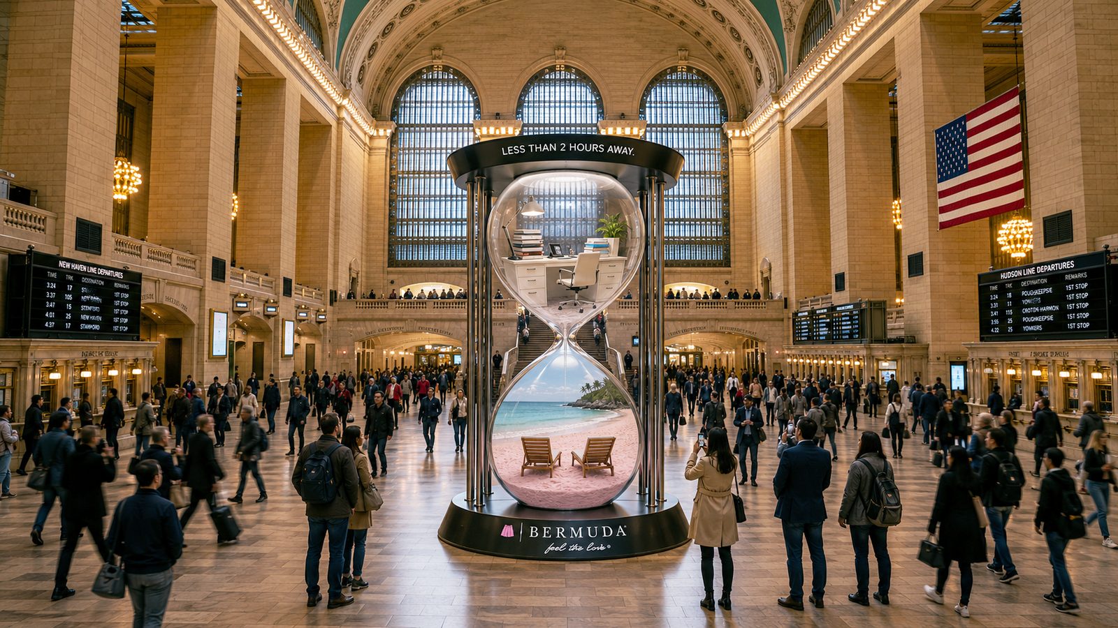 Bermuda Tourism hourglass installation in Grand Central Terminal: an office desk in the top bulb draining into a pink-sand beach below, under the line Less Than 2 Hours Away