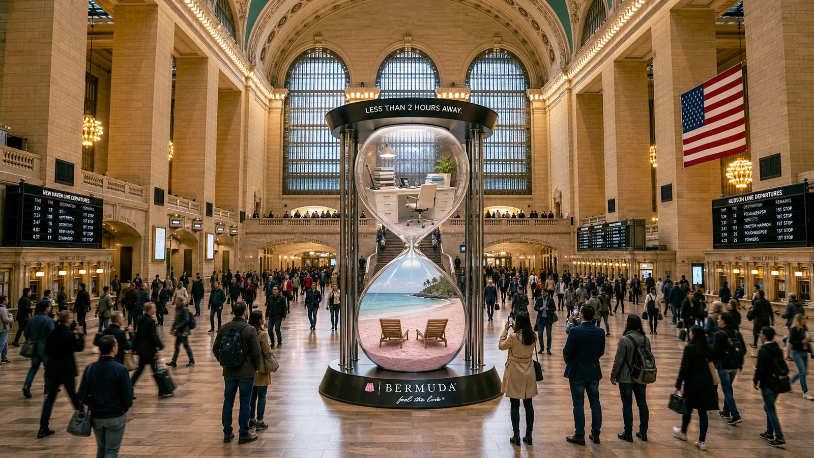 Bermuda Tourism hourglass installation in Grand Central Terminal: an office desk in the top bulb draining into a pink-sand beach below, under the line Less Than 2 Hours Away