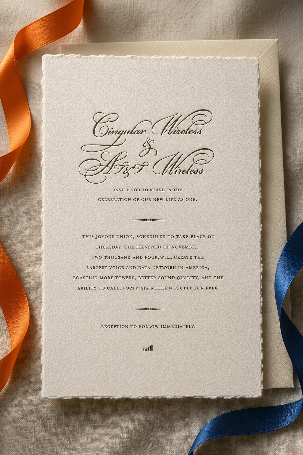 Cingular / AT&T merger wedding invitation: letterpress card announcing the union of Cingular Wireless and AT&T Wireless, with deckled edges and signal-bar motif