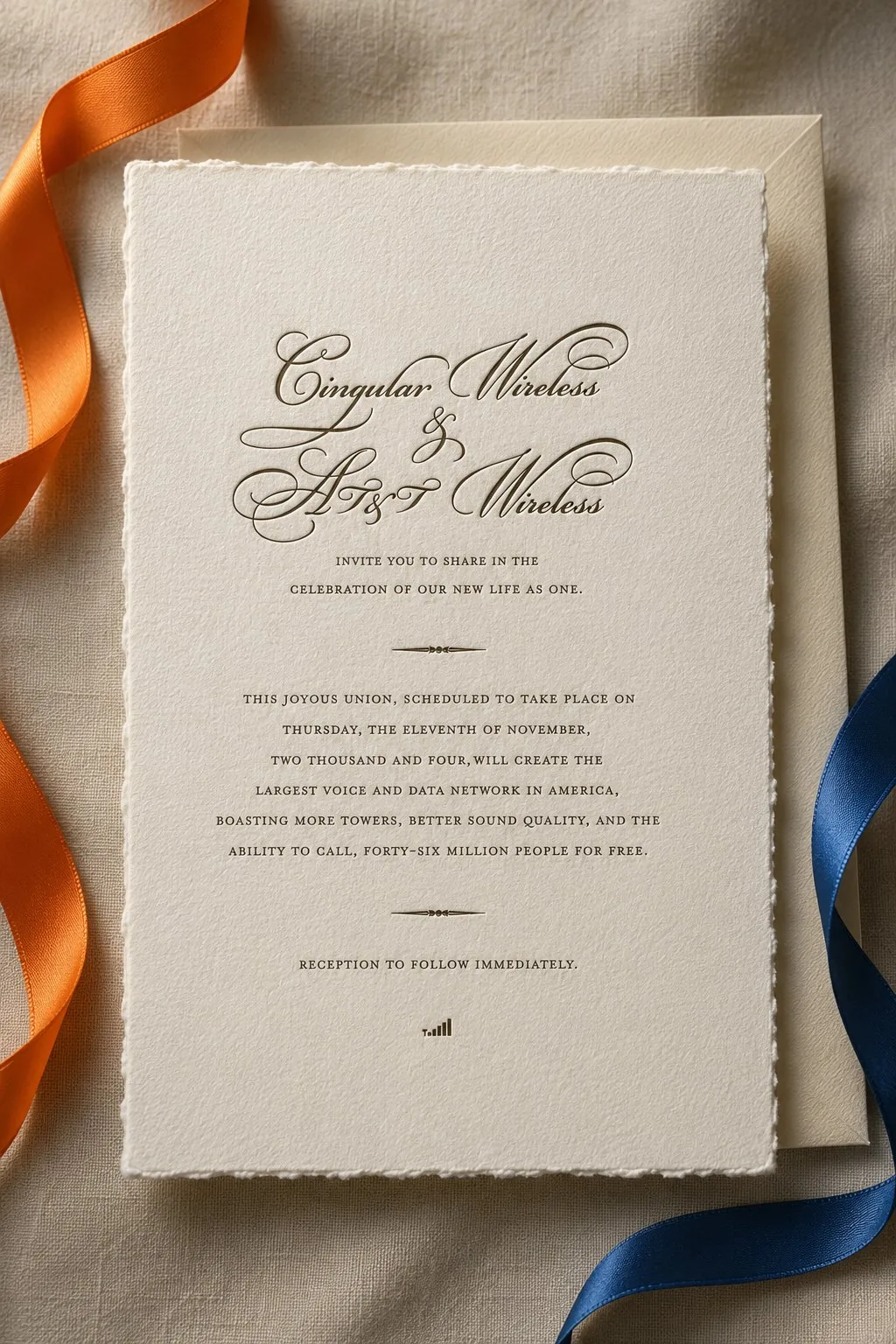 Cingular / AT&T merger wedding invitation: letterpress card announcing the union of Cingular Wireless and AT&T Wireless, with deckled edges and signal-bar motif