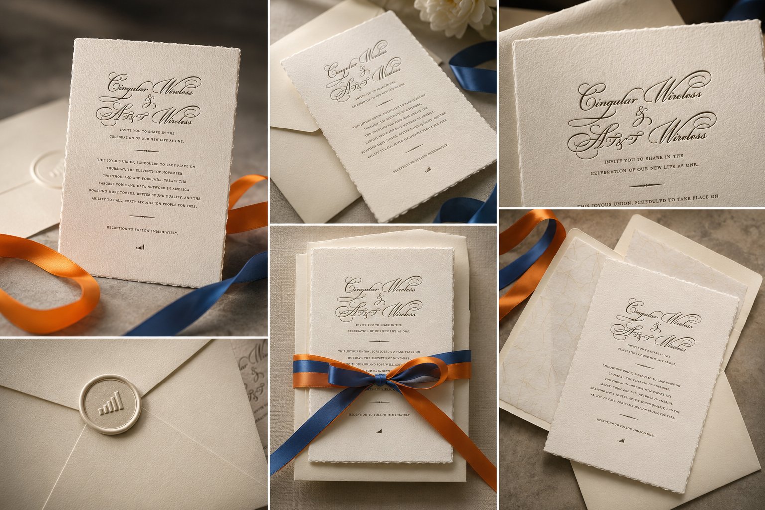 Cingular / AT&T merger wedding invitation details: envelope with signal-bar wax seal, orange and blue ribbons in the carrier colors, and vellum insert