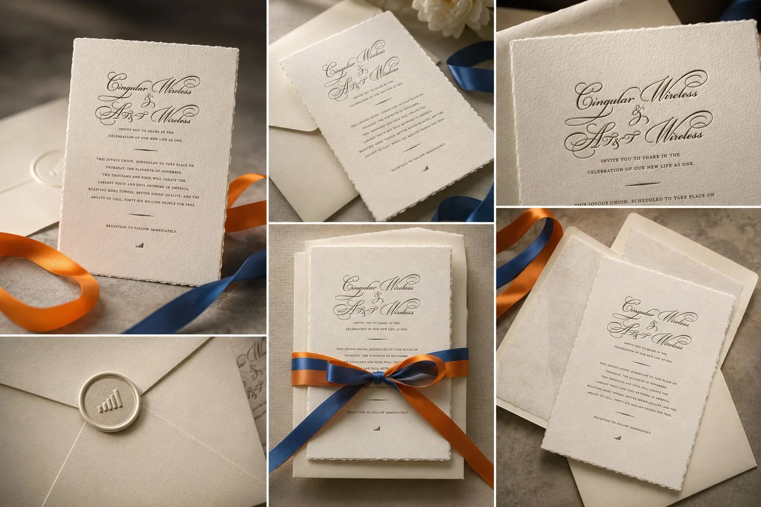 Cingular / AT&T merger wedding invitation details: envelope with signal-bar wax seal, orange and blue ribbons in the carrier colors, and vellum insert