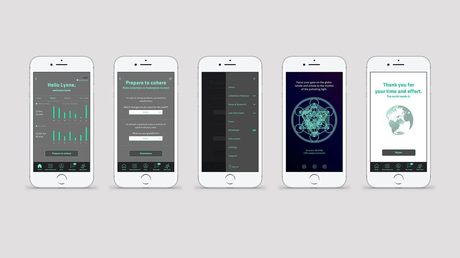 Five iPhone screens of the Coherence hero flow: home dashboard, Prepare to cohere, menu, meditation and thank-you