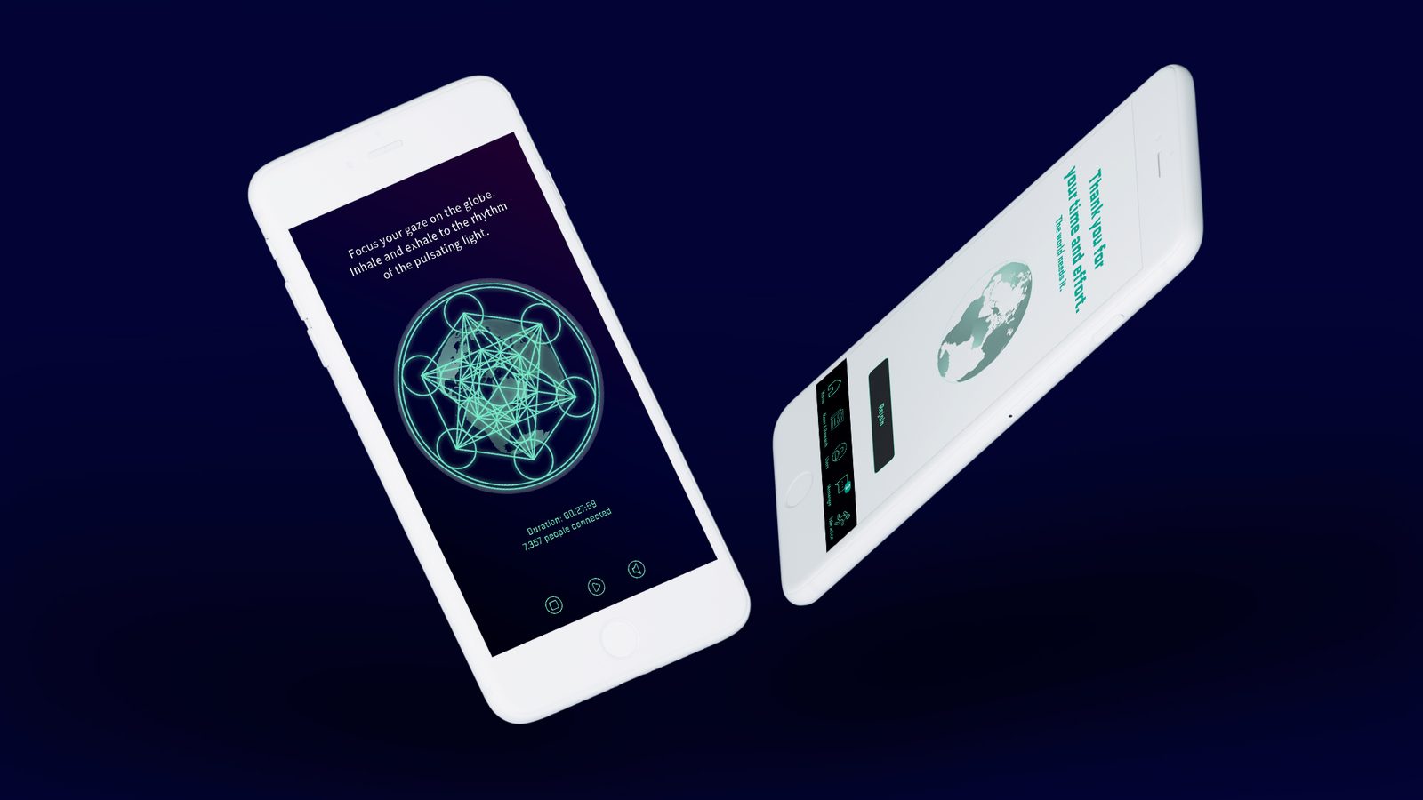 Two Coherence app mockups: a meditation screen with a pulsating sacred-geometry globe and 7,357 people connected, plus a thank-you screen