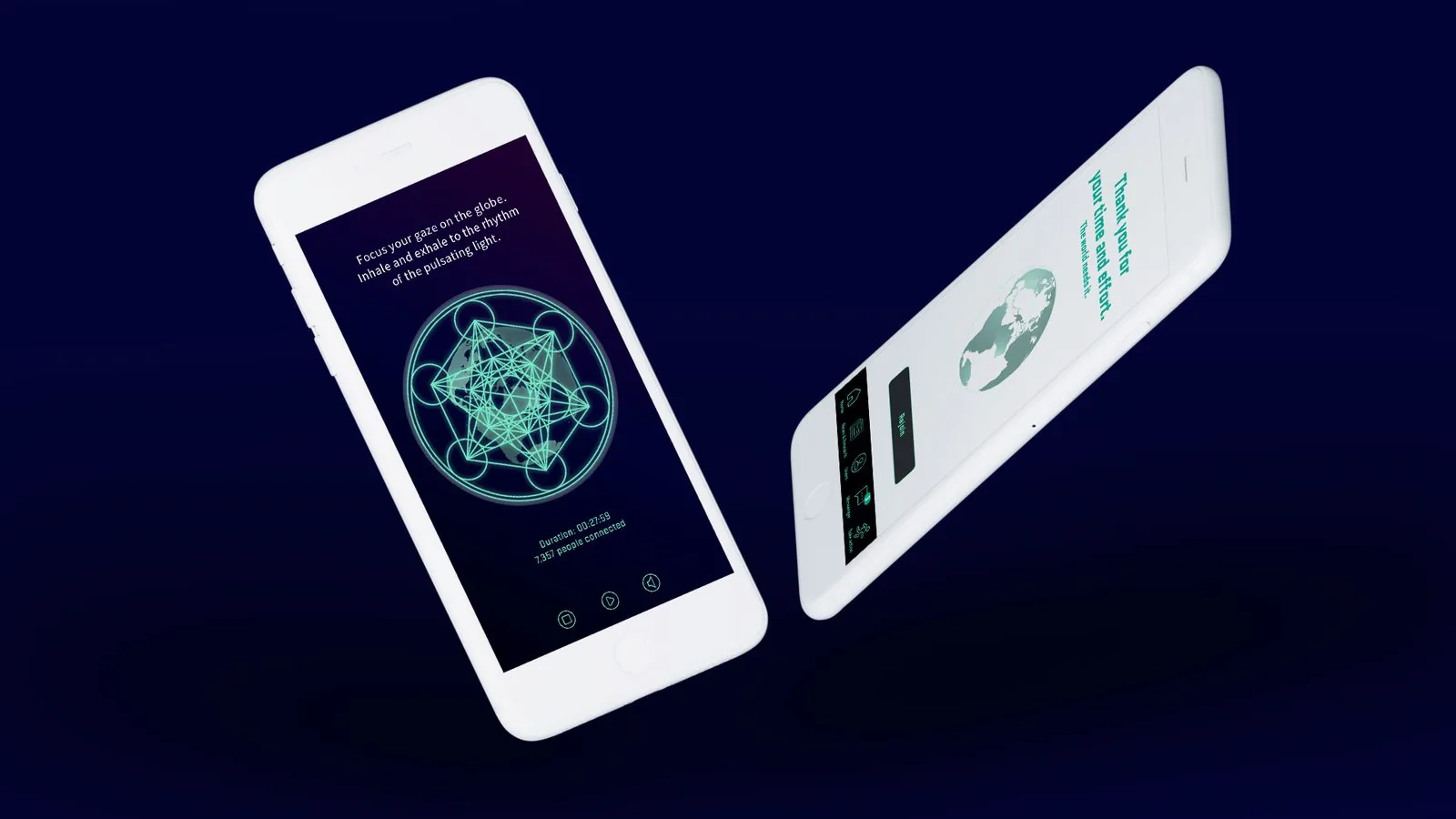 Two Coherence app mockups: a meditation screen with a pulsating sacred-geometry globe and 7,357 people connected, plus a thank-you screen