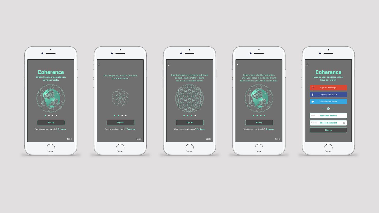 Five iPhone screens of the Coherence onboarding flow, from concept explainers to sign-up via Google, Facebook or Twitter