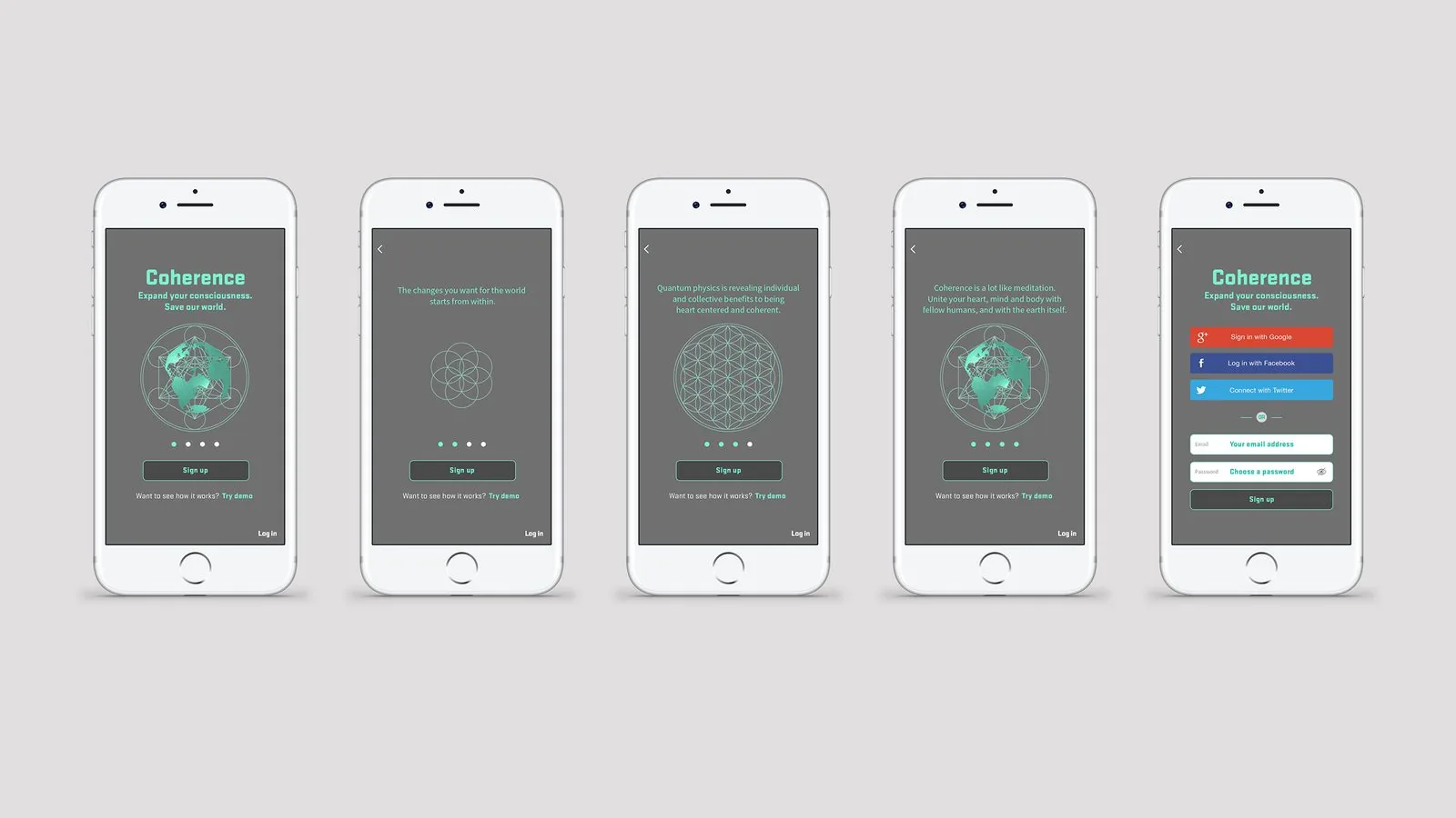 Five iPhone screens of the Coherence onboarding flow, from concept explainers to sign-up via Google, Facebook or Twitter