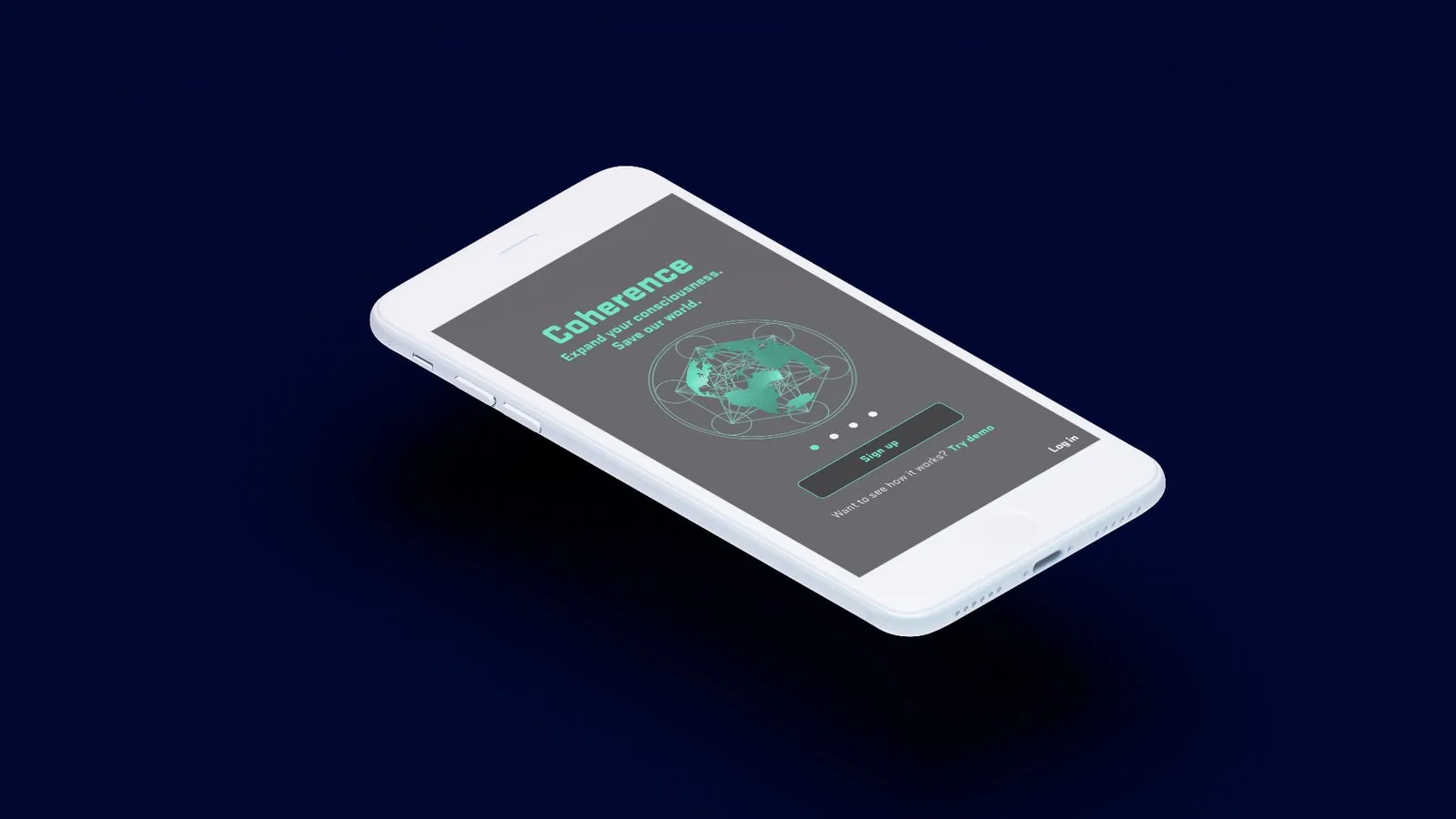 Coherence app onboarding screen mockup on a floating iPhone: Expand your consciousness, Save our world, above a geometric globe