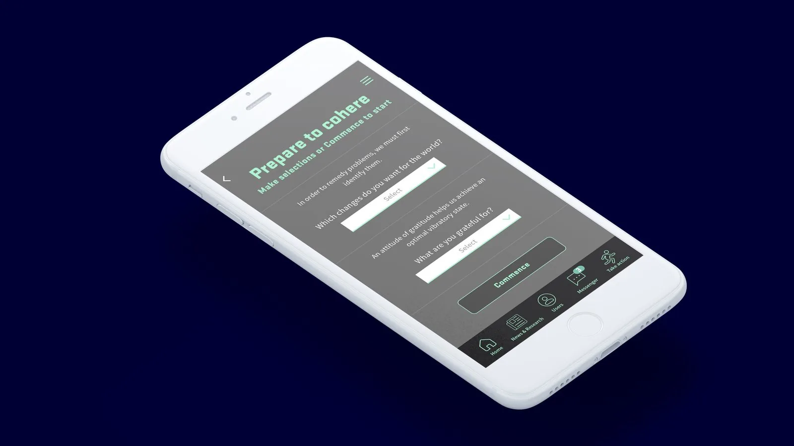 Coherence app Prepare to cohere screen mockup with intention dropdowns and a Commence button