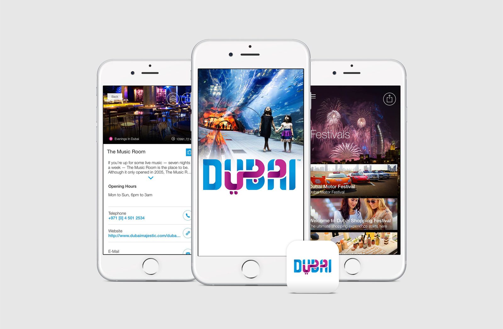 Three iPhones showing Dubai Tourism mobile screens: a venue listing, the Dubai splash screen and a festivals feed