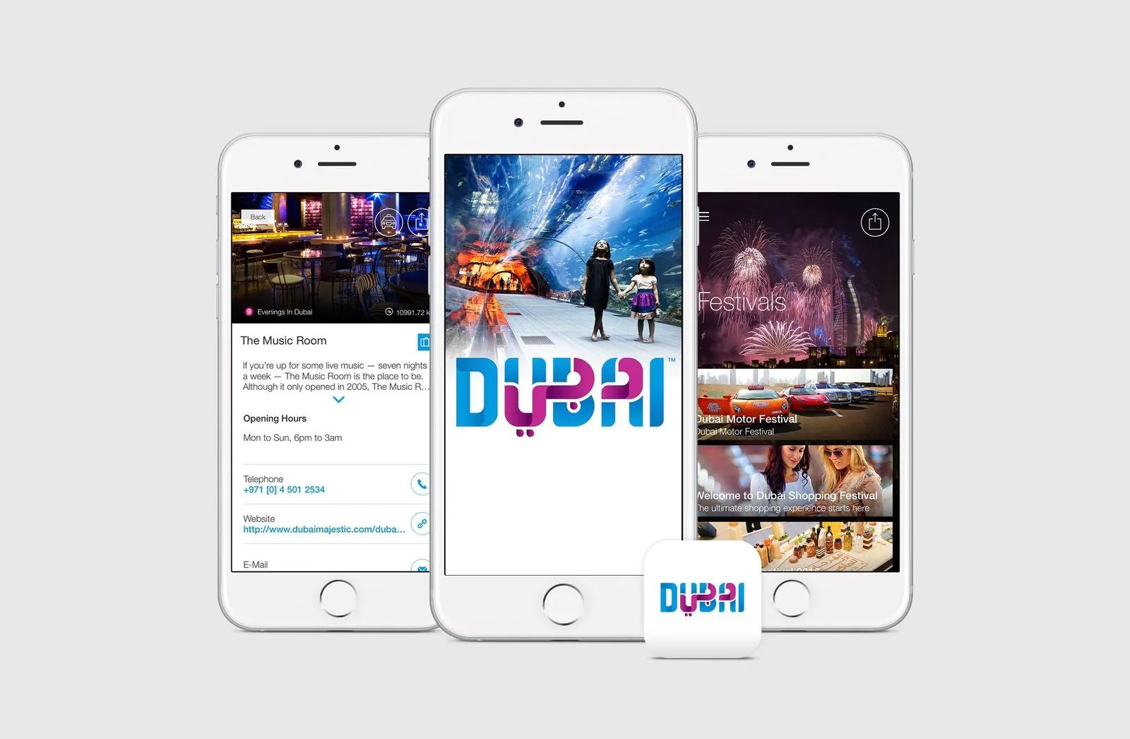 Three iPhones showing Dubai Tourism mobile screens: a venue listing, the Dubai splash screen and a festivals feed
