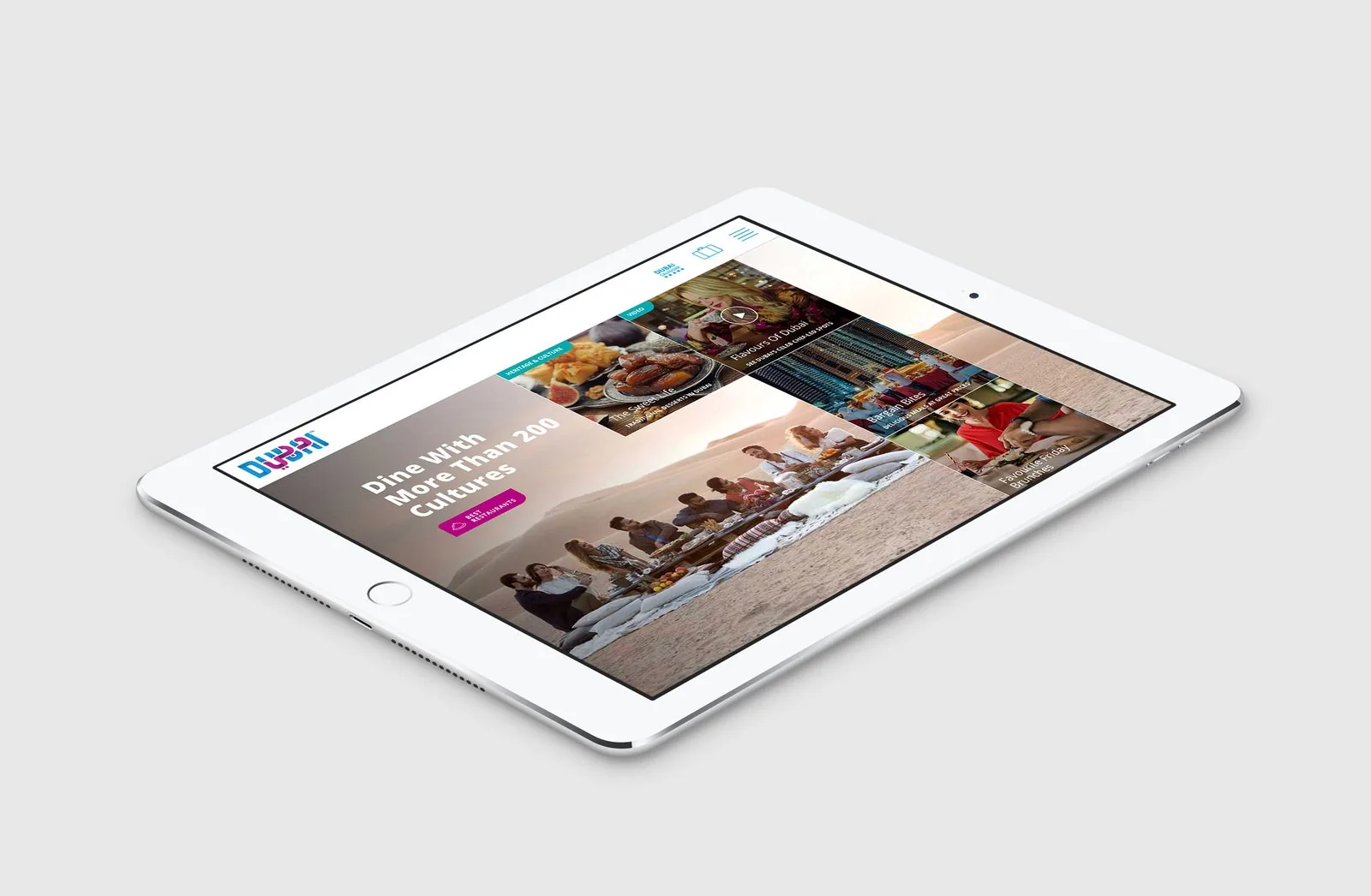 Dubai Tourism responsive site dining section on an iPad with the headline Dine With More Than 200 Cultures