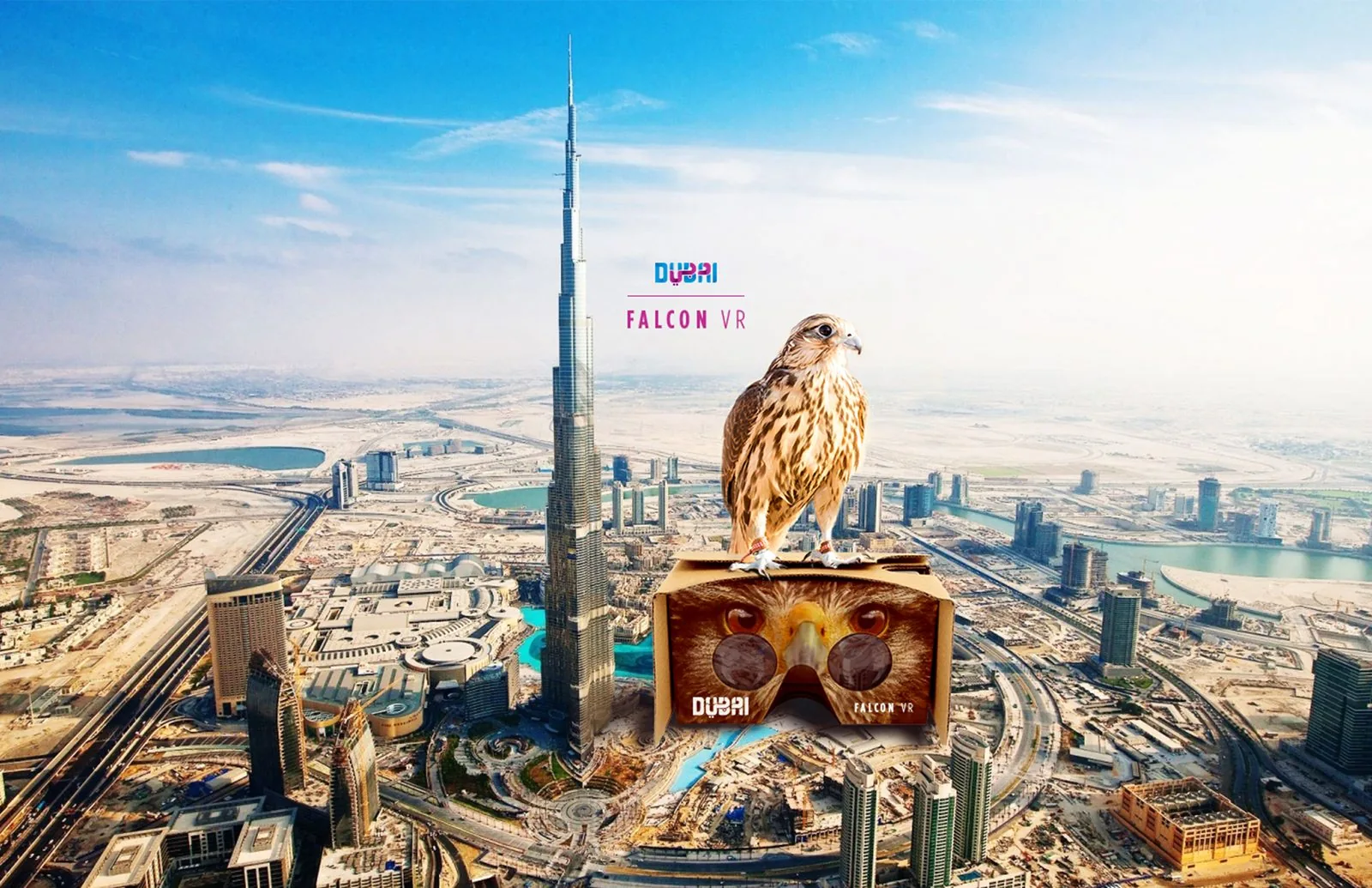 Dubai Falcon VR key art: a falcon perched on a Google Cardboard viewer above an aerial view of Dubai and the Burj Khalifa
