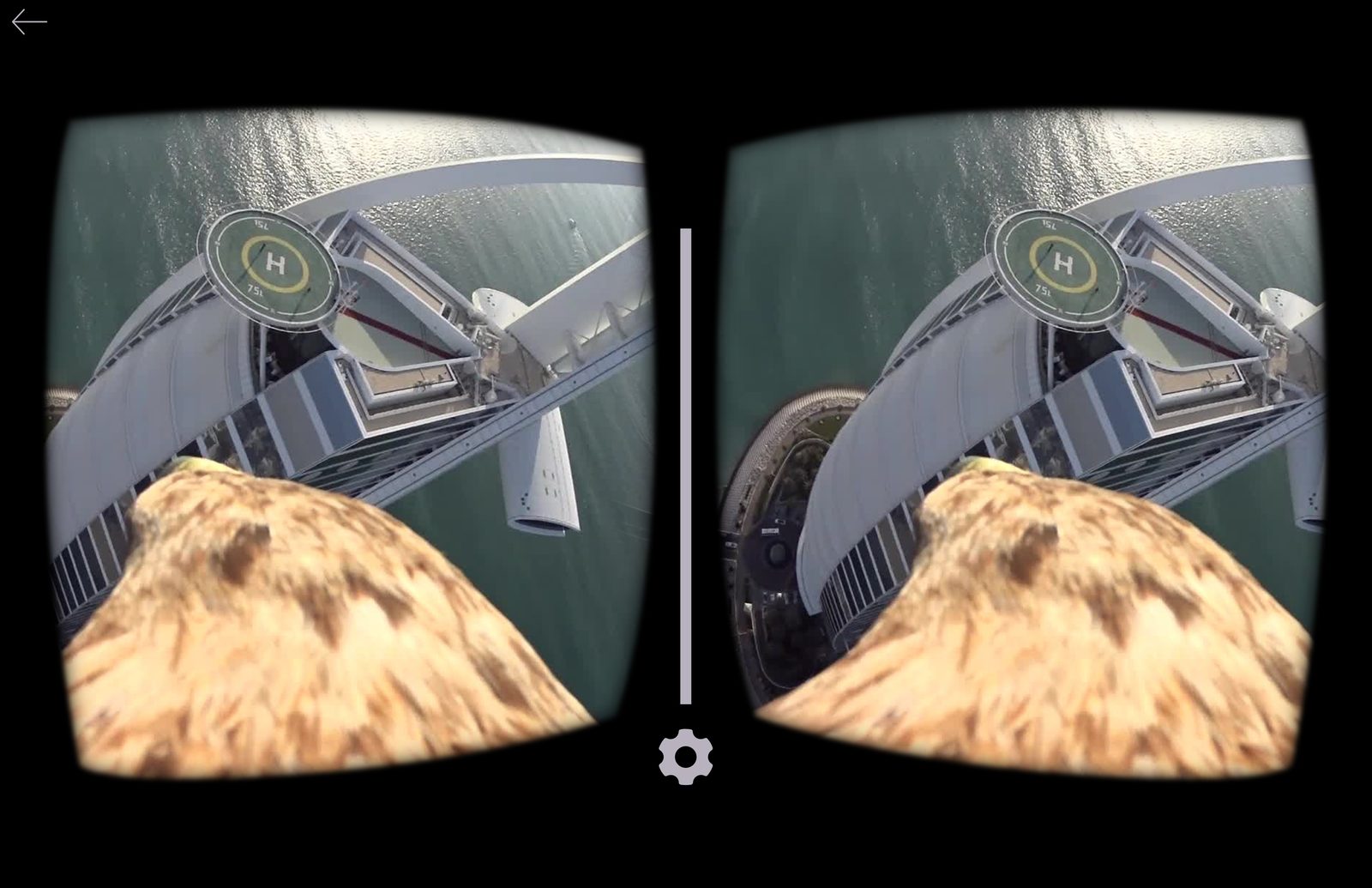 Stereoscopic Google Cardboard view from the falcon VR flight, banking over a skyscraper rooftop helipad