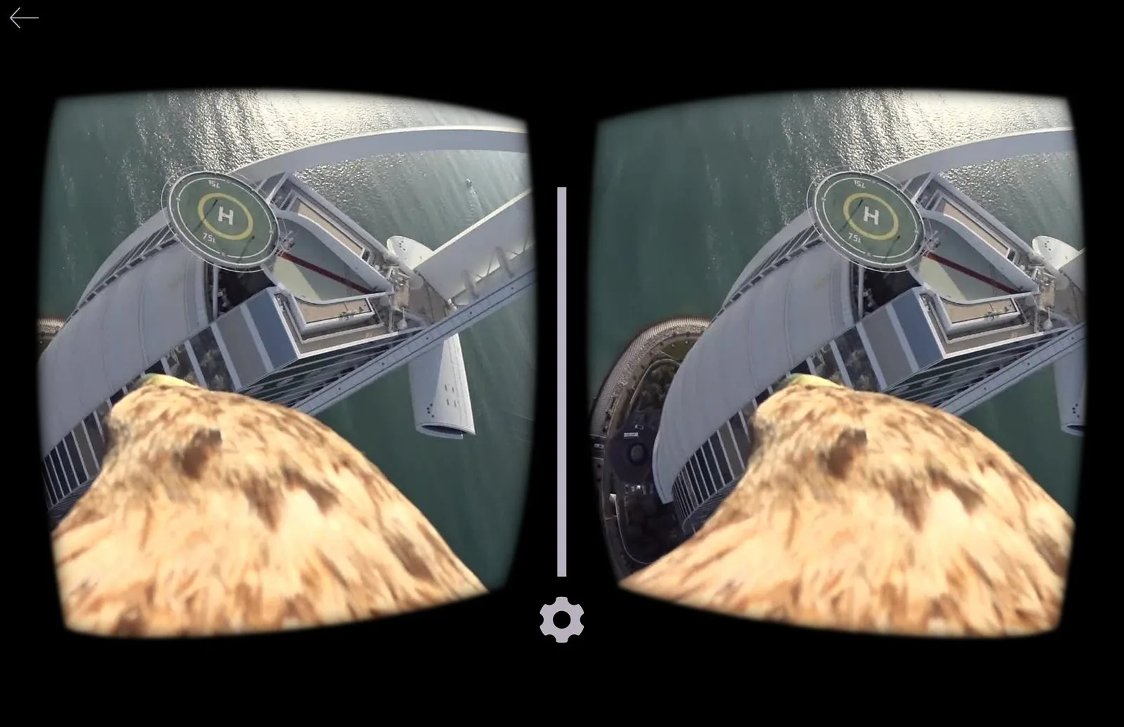 Stereoscopic Google Cardboard view from the falcon VR flight, banking over a skyscraper rooftop helipad