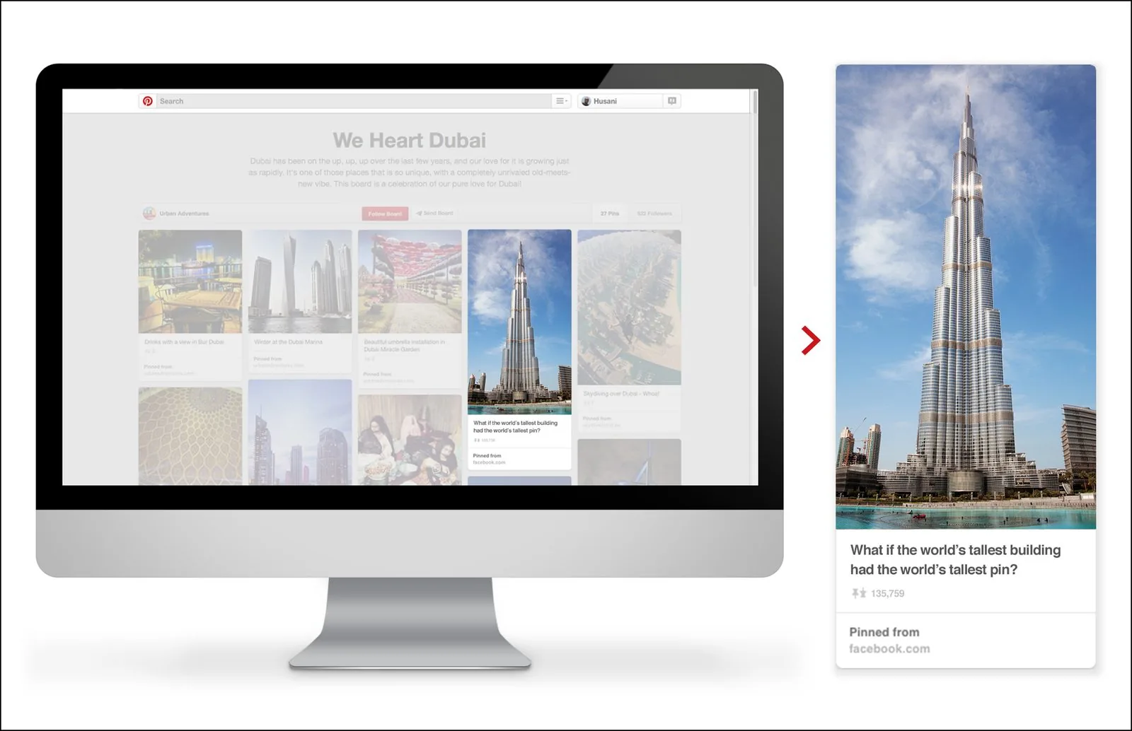 Pinterest We Heart Dubai board on a desktop monitor, with a Burj Khalifa pin asking what if the world's tallest building had the world's tallest pin