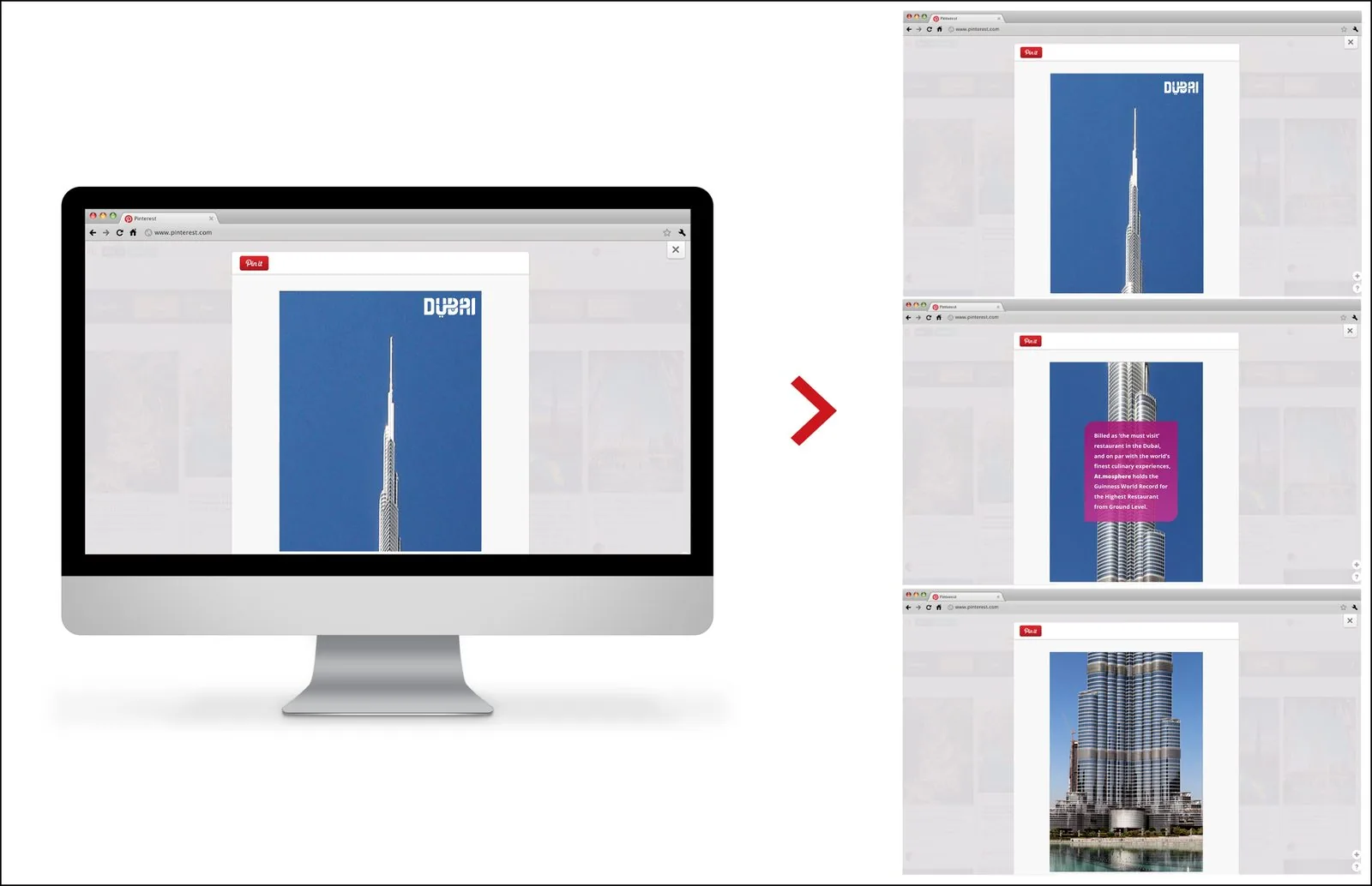 Sequence of Pinterest browser screens scrolling the world's tallest pin down the Burj Khalifa from spire to base