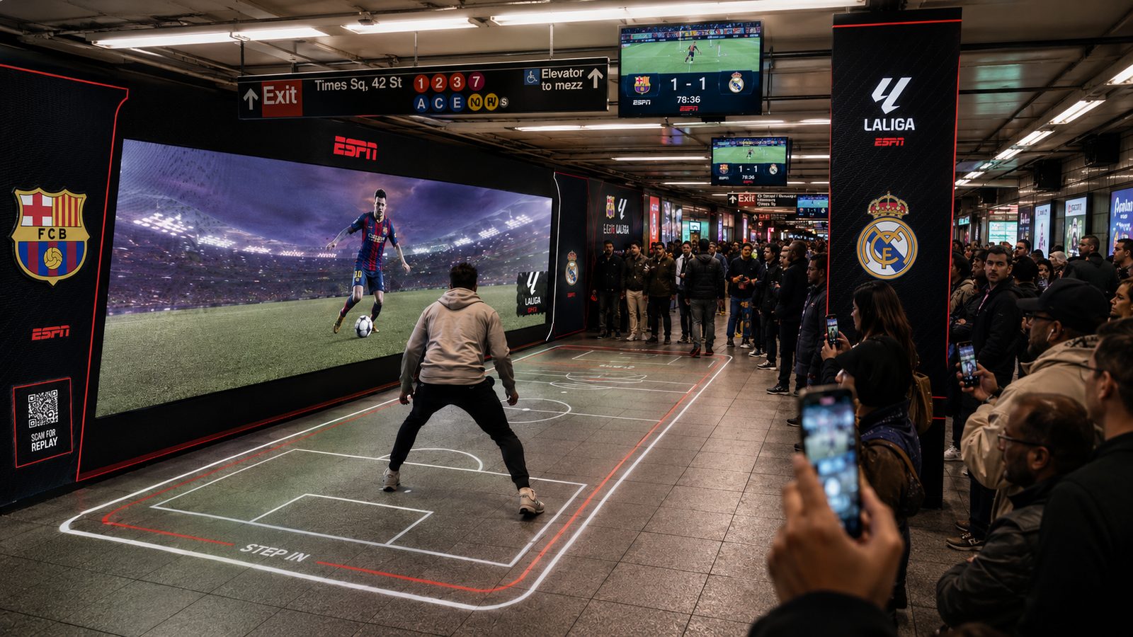 ESPN x LaLiga interactive takeover in the Times Square subway where a commuter plays against a virtual footballer on a floor pitch