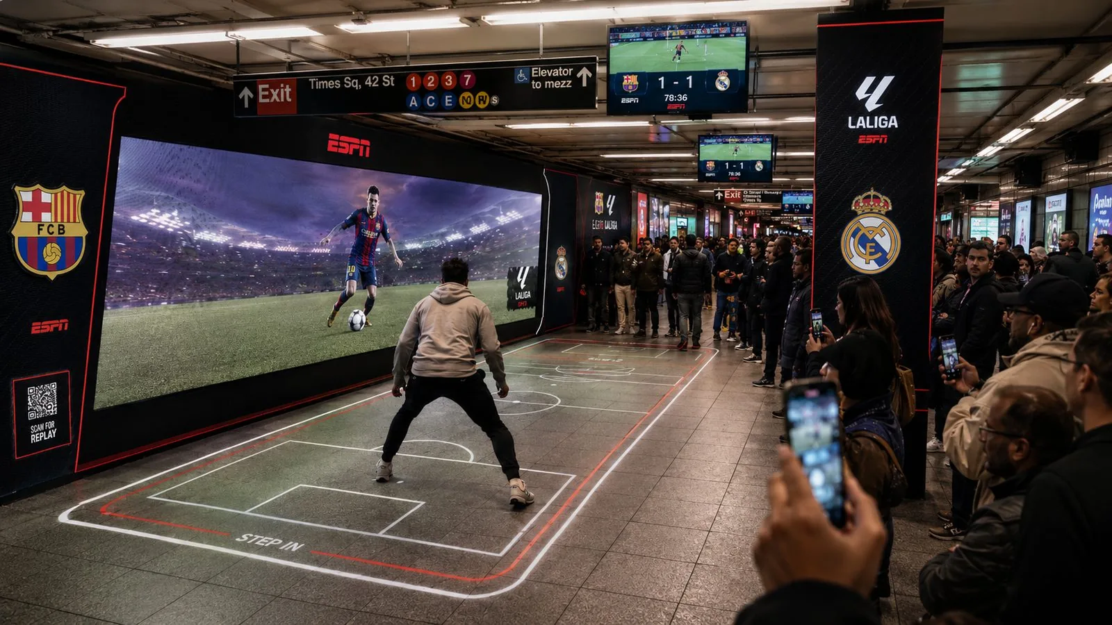 ESPN x LaLiga interactive takeover in the Times Square subway where a commuter plays against a virtual footballer on a floor pitch