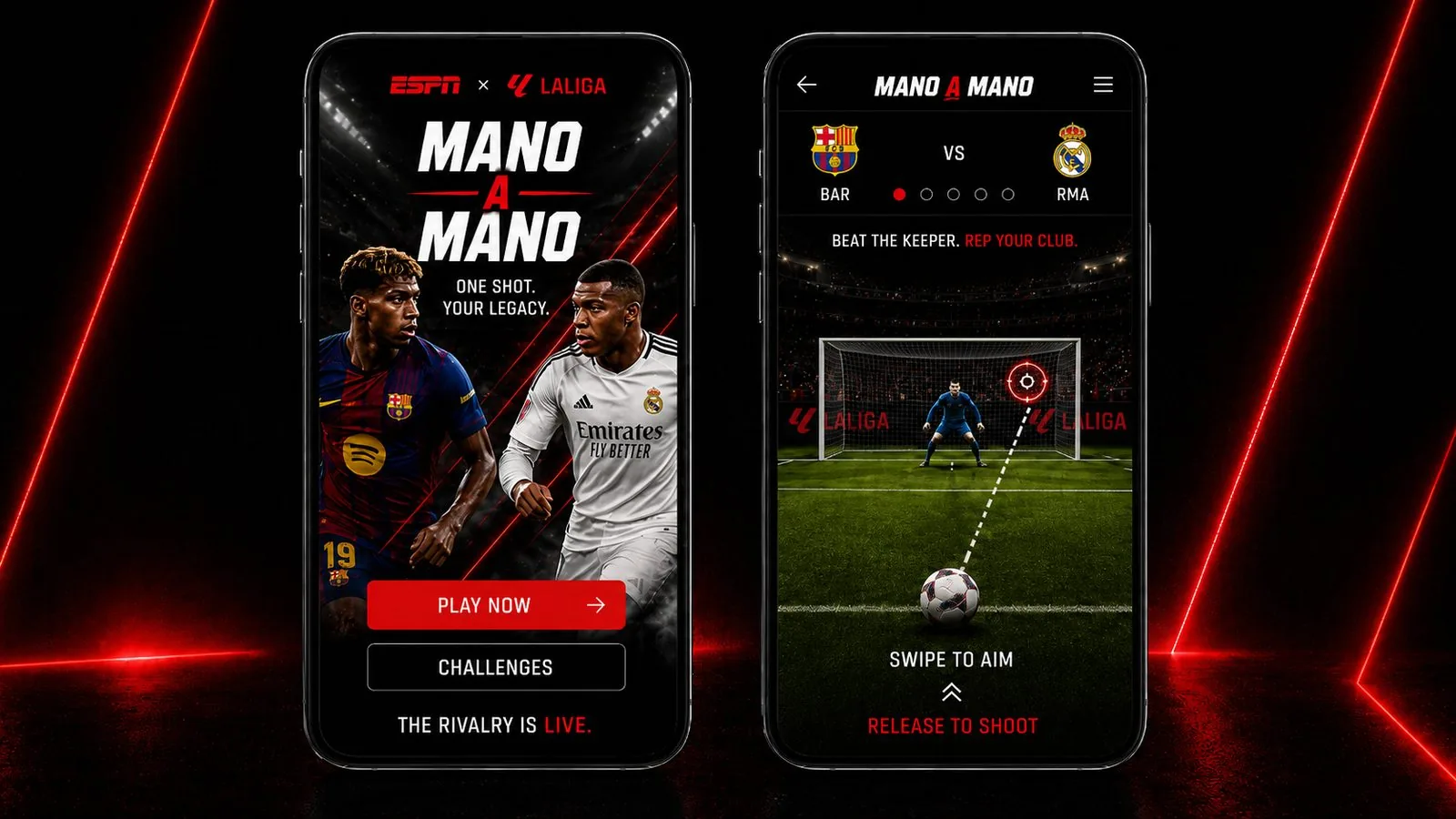 Mano A Mano mobile game screens: choose FC Barcelona or Real Madrid, swipe to aim, shoot and rep your club in a penalty duel