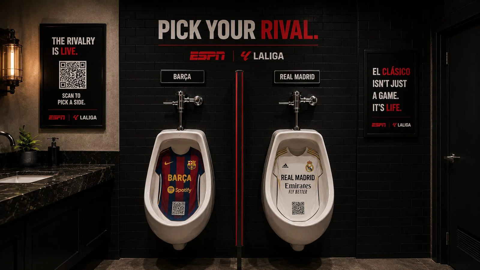 ESPN x LaLiga Rival Urinals guerrilla activation featuring FC Barcelona and Real Madrid jersey-shaped decals inside opposing sports bar urinals
