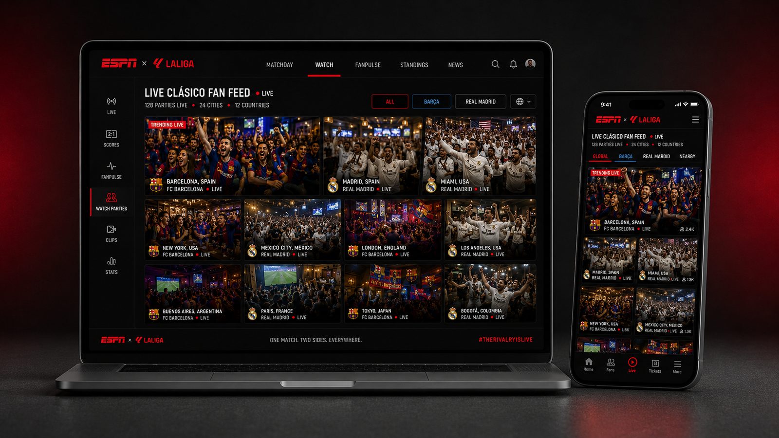 Live Clásico Fan Feed on ESPN x LaLiga desktop and mobile: a global grid of live watch parties from Barcelona, Madrid, Miami, New York, Tokyo and more, filterable by club