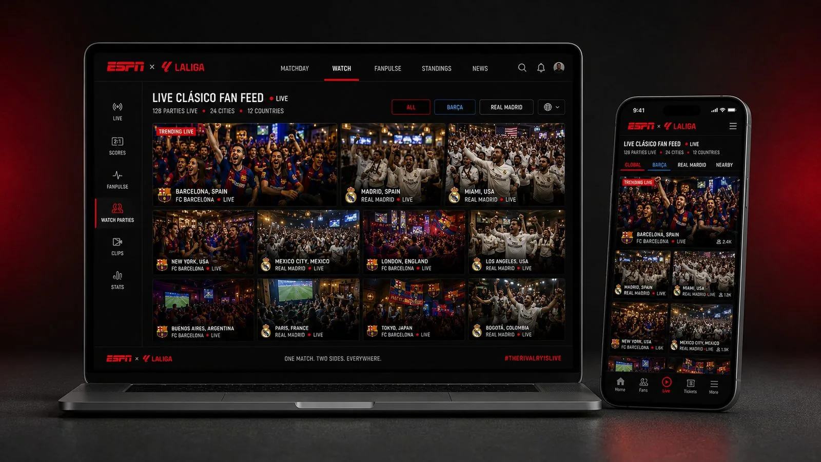 Live Clásico Fan Feed on ESPN x LaLiga desktop and mobile: a global grid of live watch parties from Barcelona, Madrid, Miami, New York, Tokyo and more, filterable by club