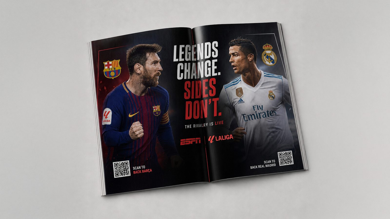 ESPN x LaLiga lenticular magazine spread, first angle: Messi and Ronaldo face off under the headline Legends Change. Sides Don't., with scan-to-back QR codes for each club