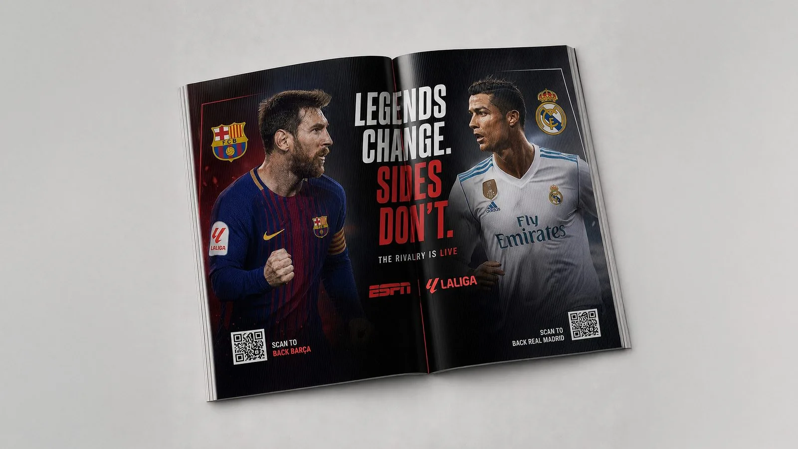 ESPN x LaLiga lenticular magazine spread, first angle: Messi and Ronaldo face off under the headline Legends Change. Sides Don't., with scan-to-back QR codes for each club