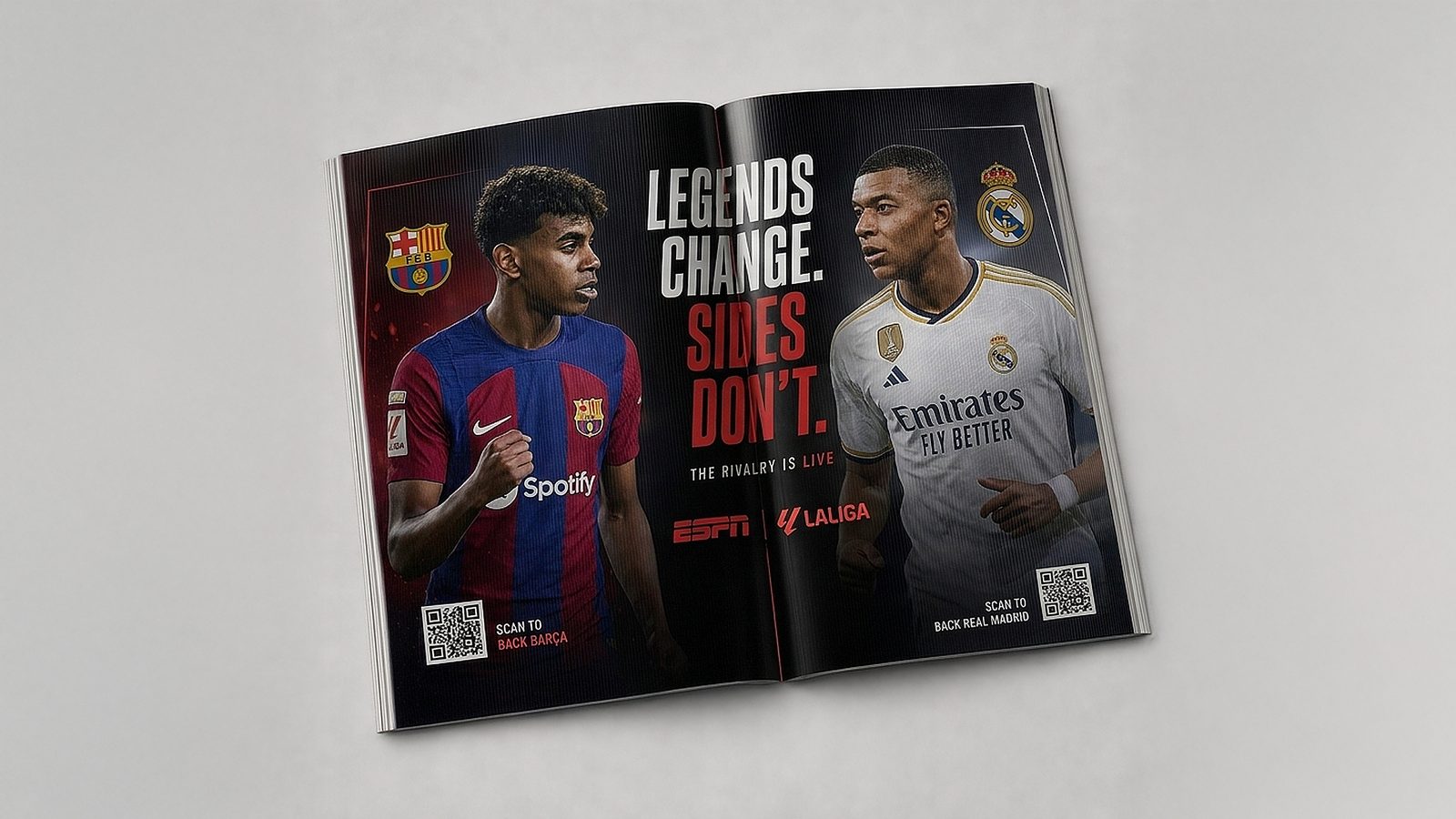 ESPN x LaLiga lenticular magazine spread, second angle: Lamine Yamal and Mbappé in the same layout, Barça left, Real Madrid right, the dividing line unmoved