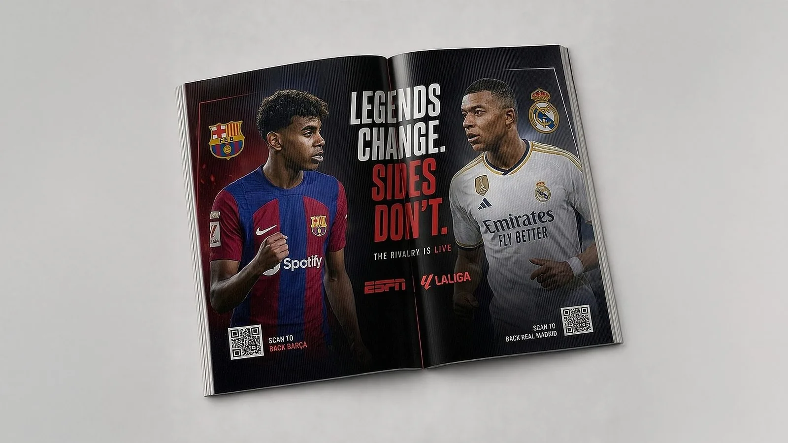 ESPN x LaLiga lenticular magazine spread, second angle: Lamine Yamal and Mbappé in the same layout, Barça left, Real Madrid right, the dividing line unmoved