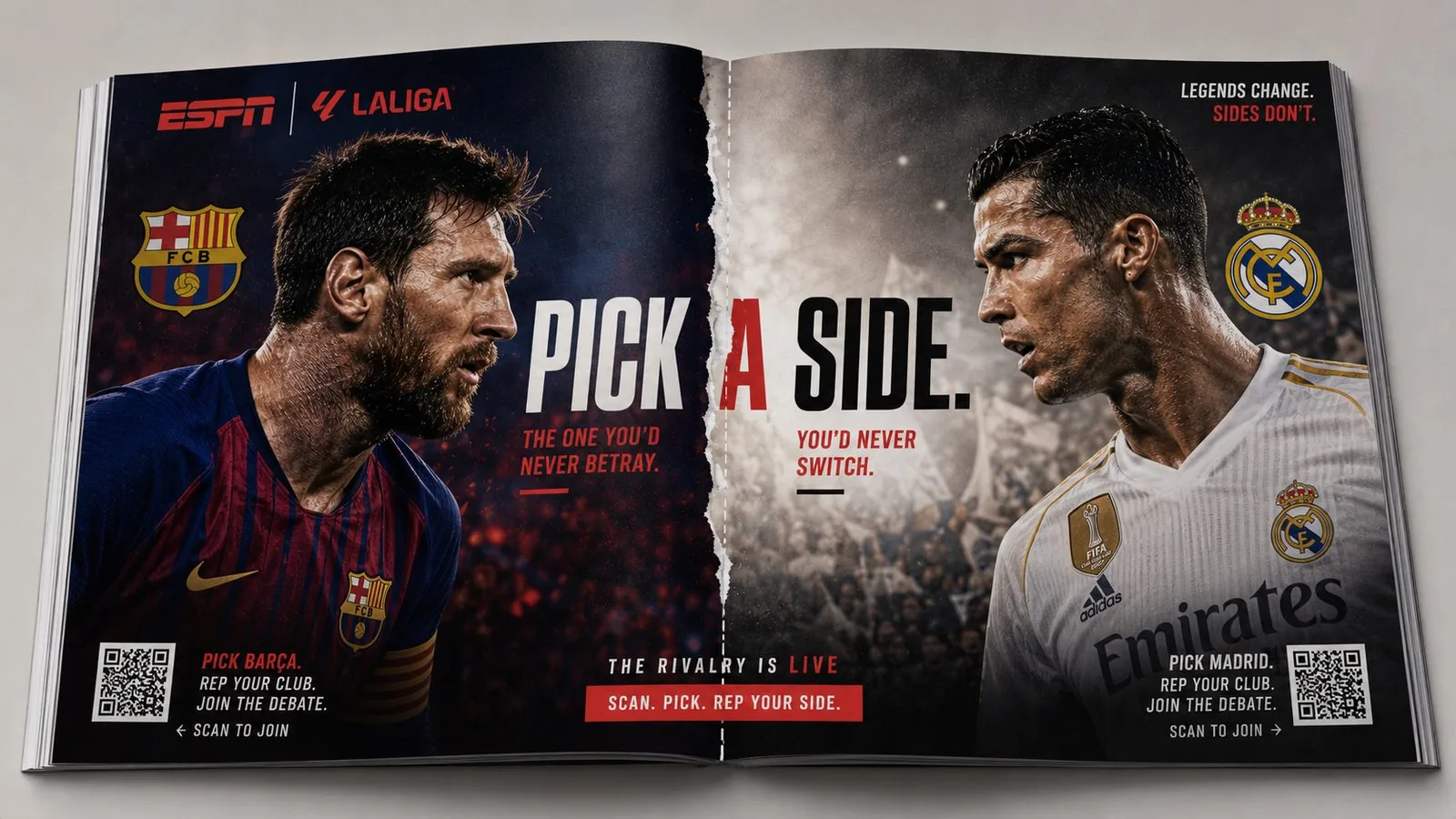 ESPN x LaLiga perforated Pick A Side magazine spread for El Cl&aacute;sico: Messi and FC Barcelona on one side, Ronaldo and Real Madrid on the other, split by a tearable seam with scan-to-join QR codes on each half