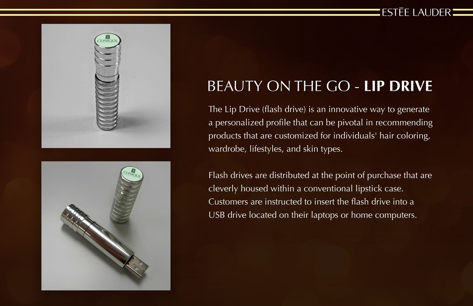 Lip Drive concept slide: a metallic Clinique lipstick case opened to reveal a built-in USB flash drive