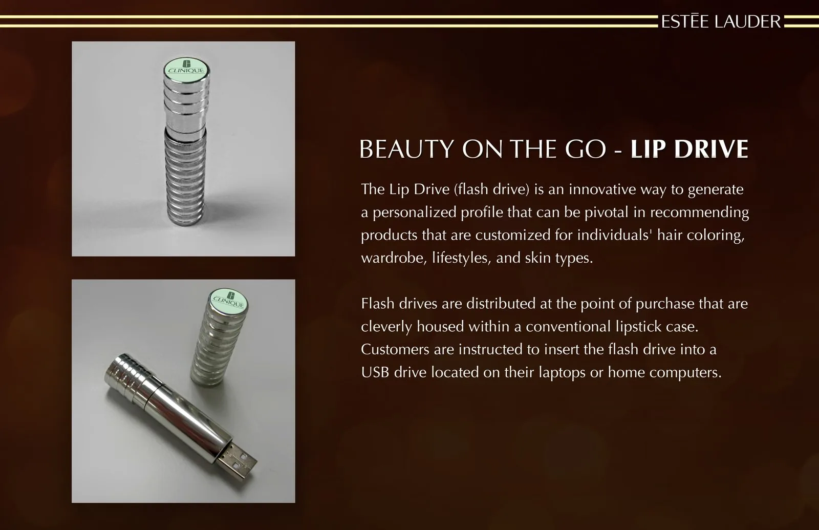 Lip Drive concept slide: a metallic Clinique lipstick case opened to reveal a built-in USB flash drive