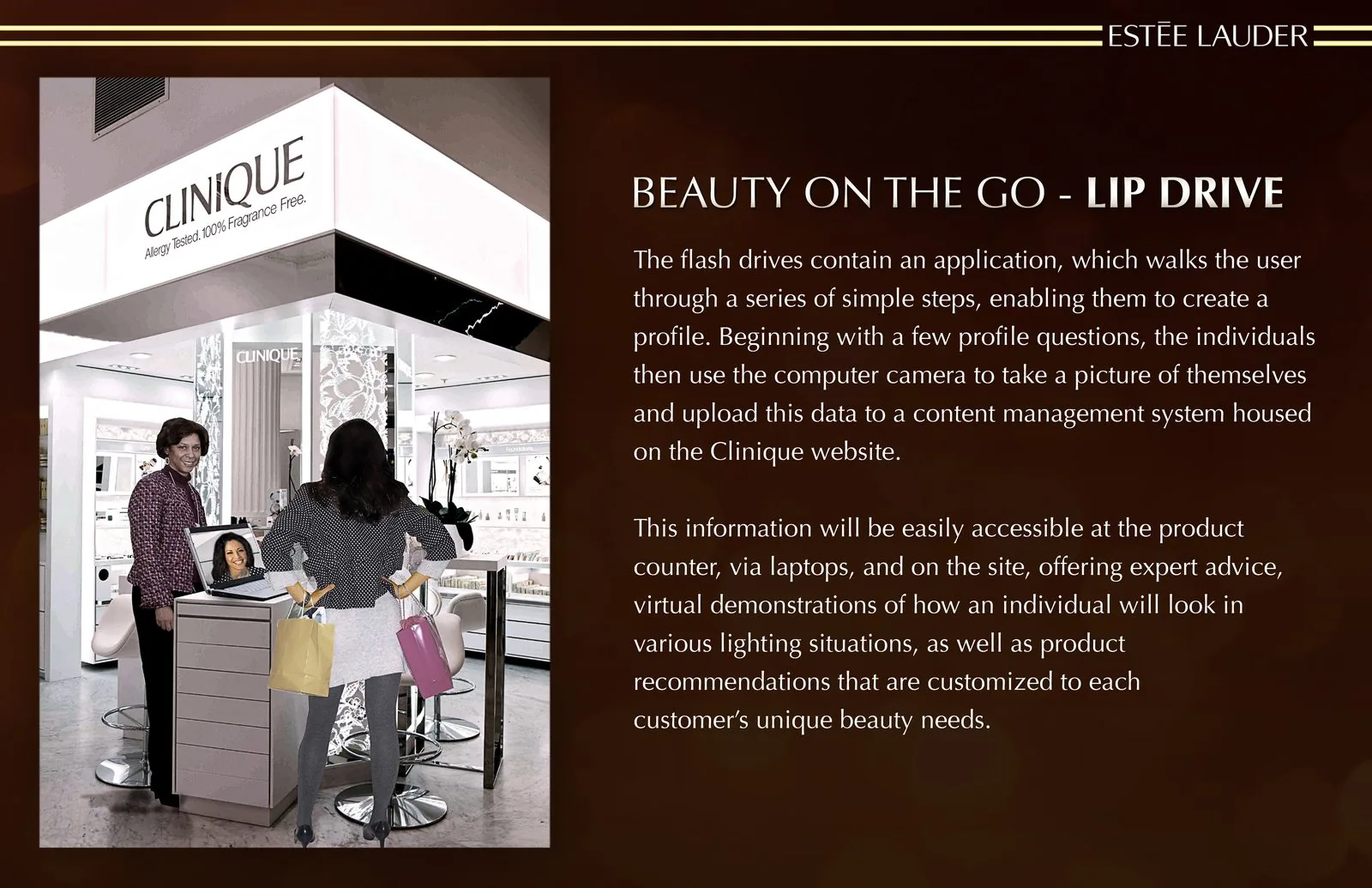 Lip Drive retail slide: a shopper consults at a Clinique counter where her profile appears on a laptop