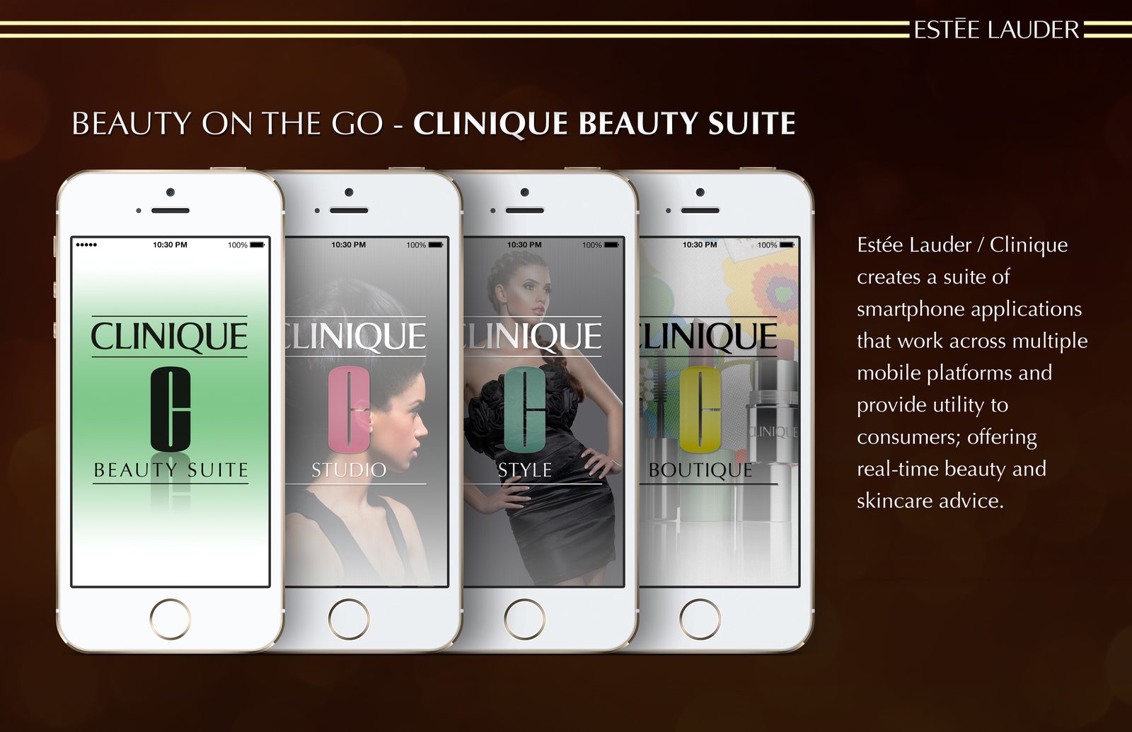 Clinique Beauty Suite slide: four iPhones showing the Beauty Suite, Studio, Style and Boutique app screens