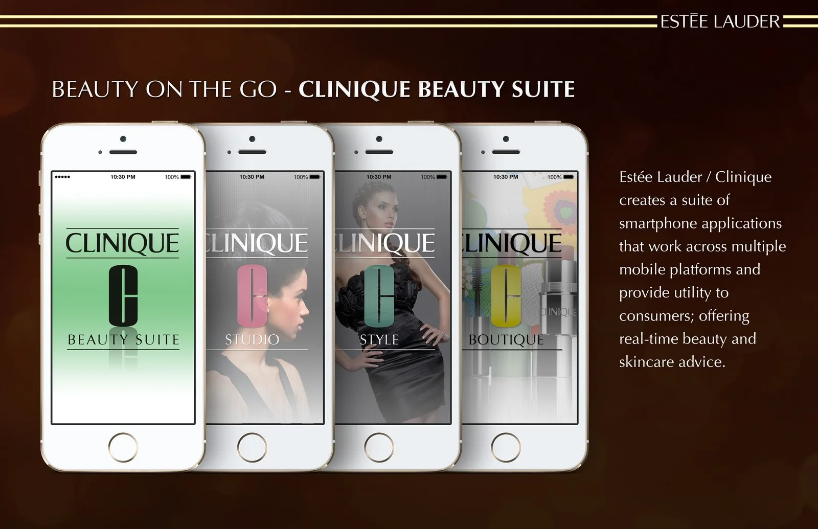 Clinique Beauty Suite slide: four iPhones showing the Beauty Suite, Studio, Style and Boutique app screens