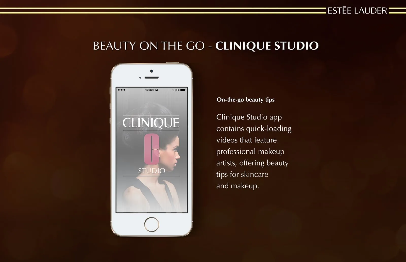 Clinique Studio app slide: an iPhone splash screen for quick-loading videos of professional makeup artists