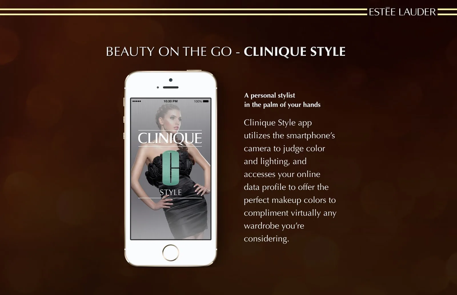 Clinique Style app slide: an iPhone splash screen for camera-based makeup color matching