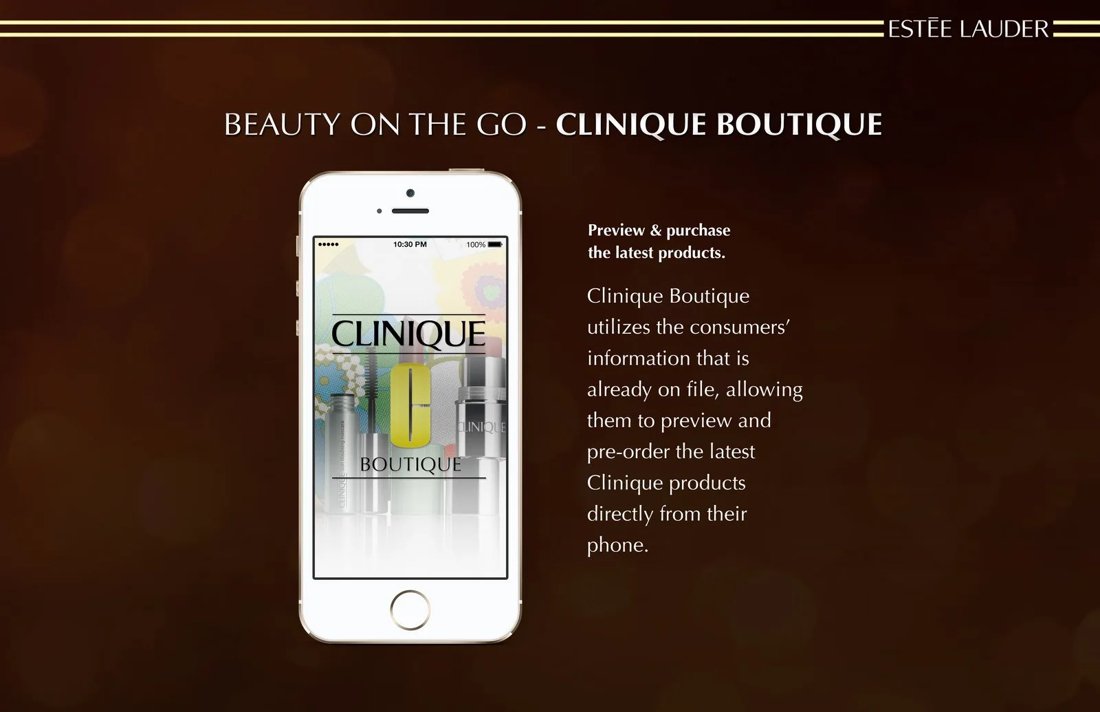 Clinique Boutique app slide: an iPhone splash screen for previewing and pre-ordering the latest products